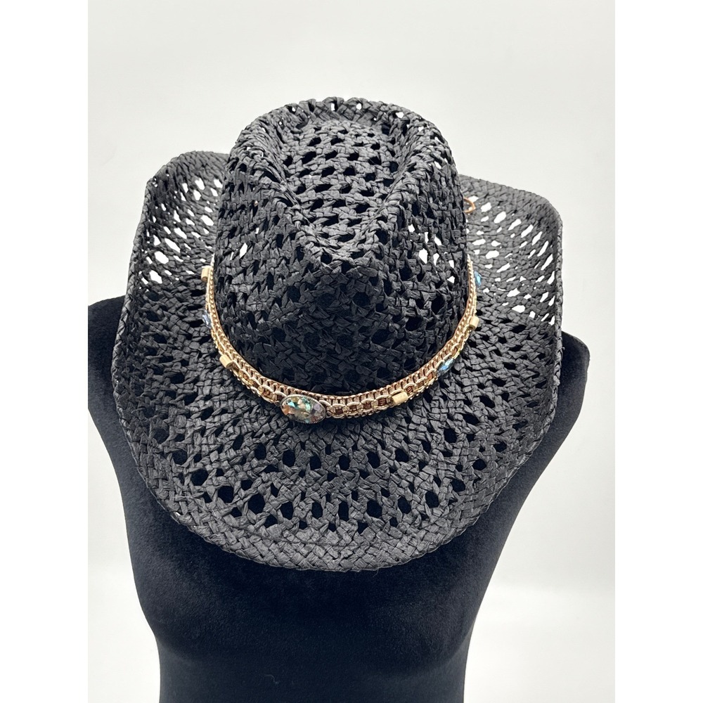 Odiva Black Straw Cowboy Hat Western Festival Sun Hat Gold Chain Stone Band